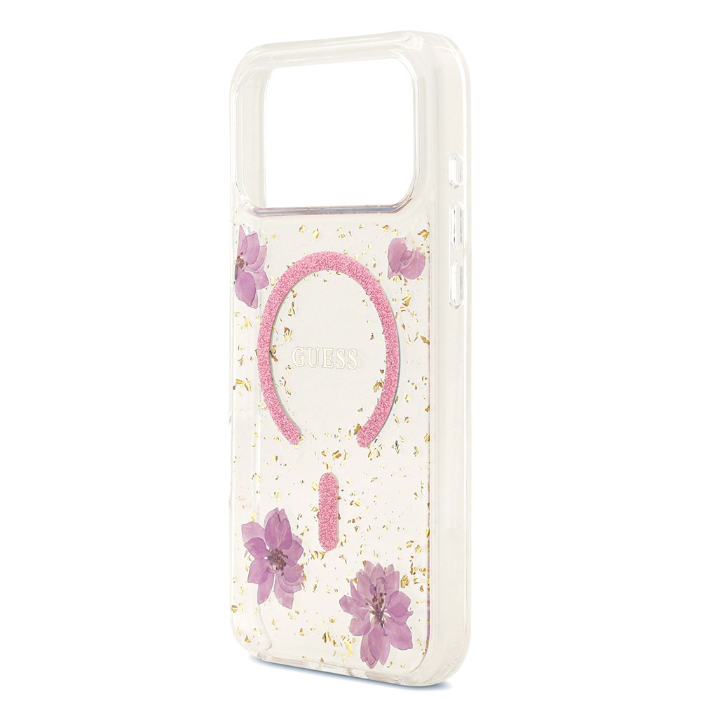 Apple iPhone 17 Pro Max Kılıf Guess Orjinal Lisanslı M-safe Şarj Özellikli Transparan Resin Flowers Kapak