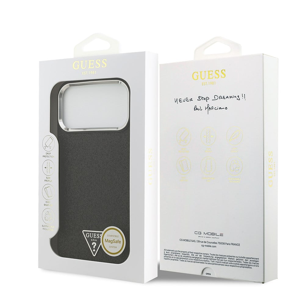 Apple iPhone 17 Pro Max Kılıf Guess Orjinal Lisanslı M-safe Şarj Özellikli Metal Kamera Çerçeveli Üçgen Logolu Glitter Kapak