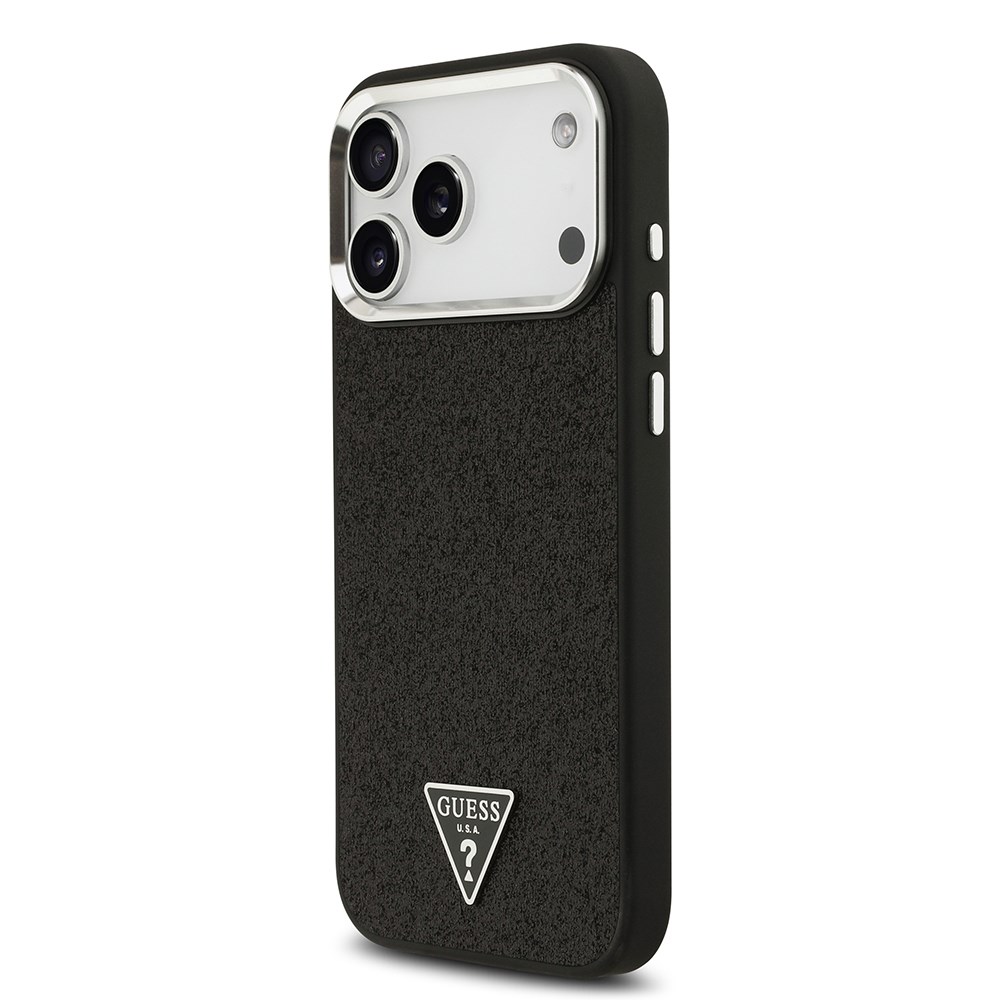 Apple iPhone 17 Pro Max Kılıf Guess Orjinal Lisanslı M-safe Şarj Özellikli Metal Kamera Çerçeveli Üçgen Logolu Glitter Kapak