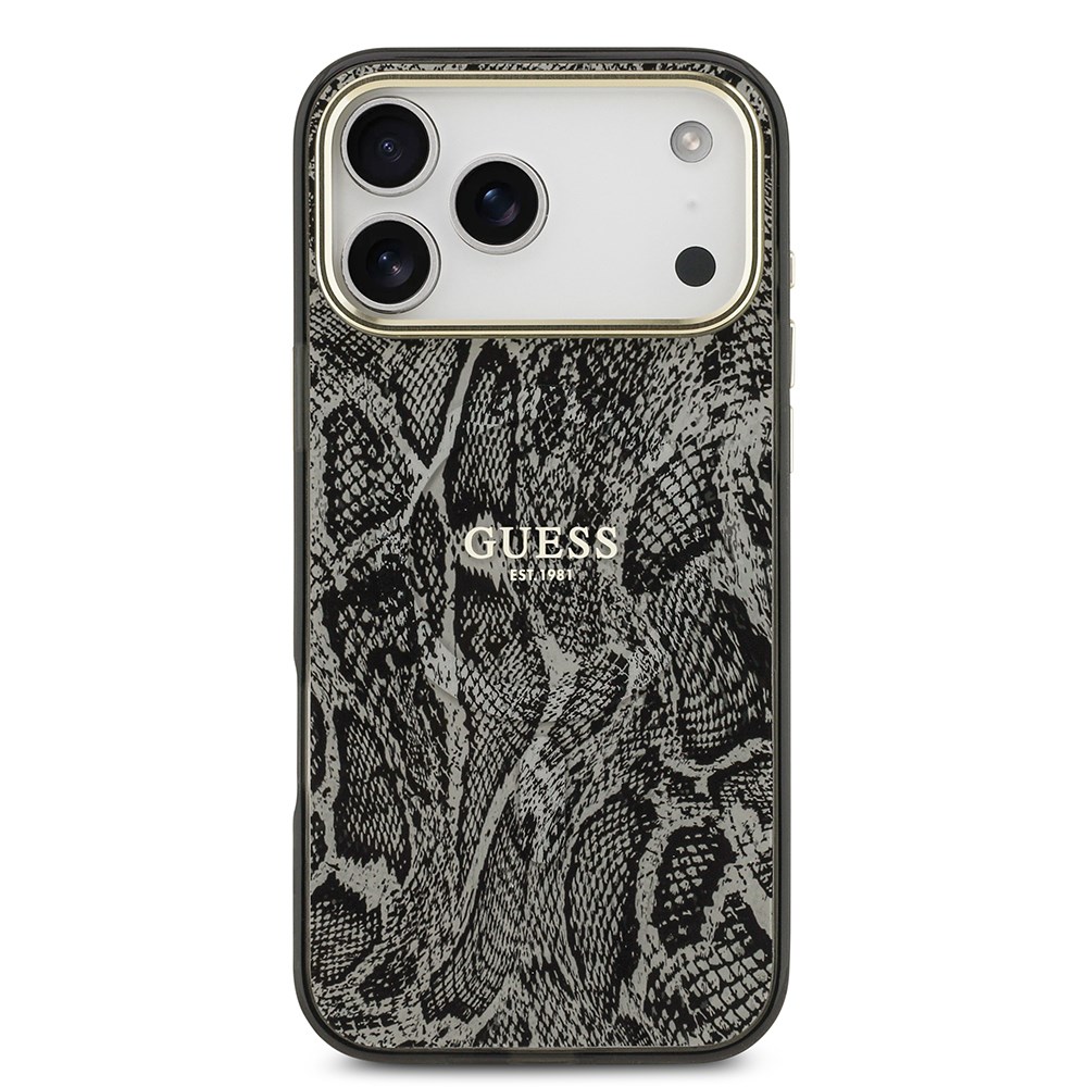 Apple iPhone 17 Pro Max Kılıf Guess Orjinal Lisanslı M-safe Şarj Özellikli Yazı Logolu Python Desenli Kapak