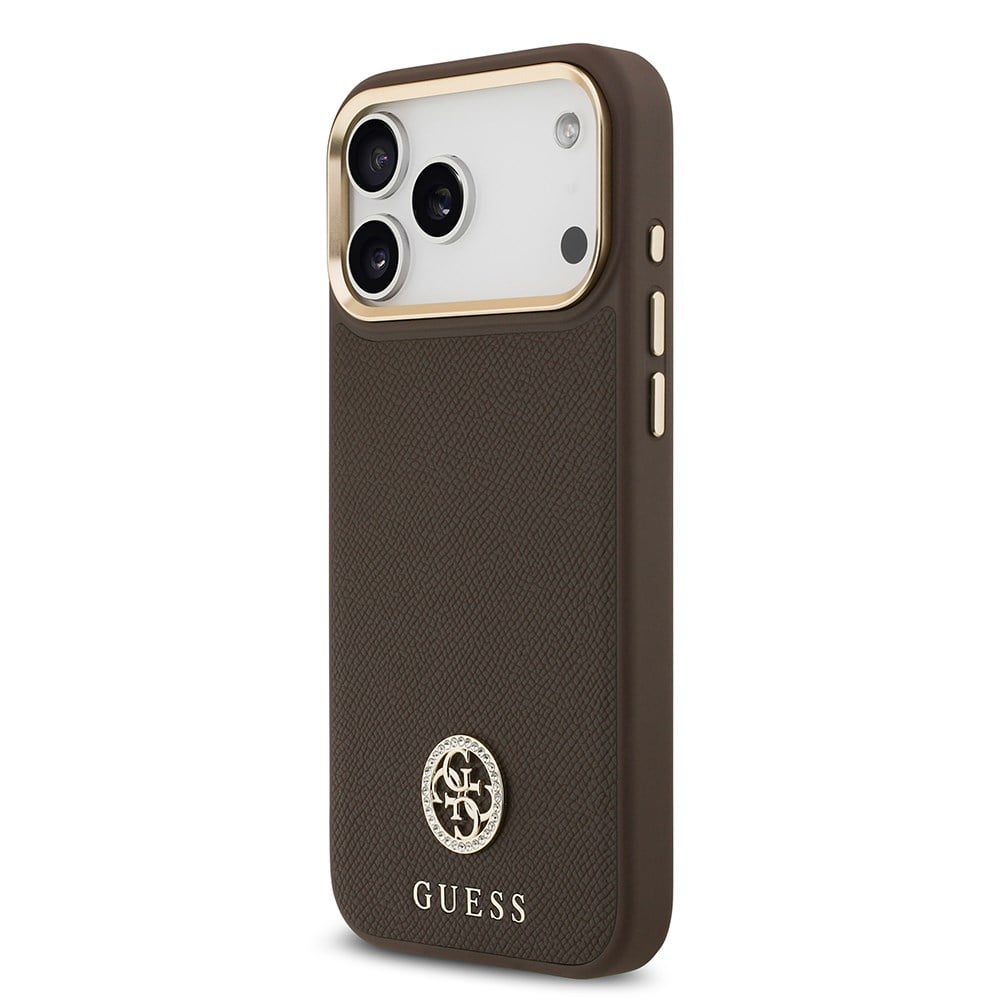 Apple iPhone 17 Pro Max Kılıf Guess Orjinal Lisanslı M-safe Şarj Özellikli Grained Yazı ve Taşlı 4G Logolu Kapak
