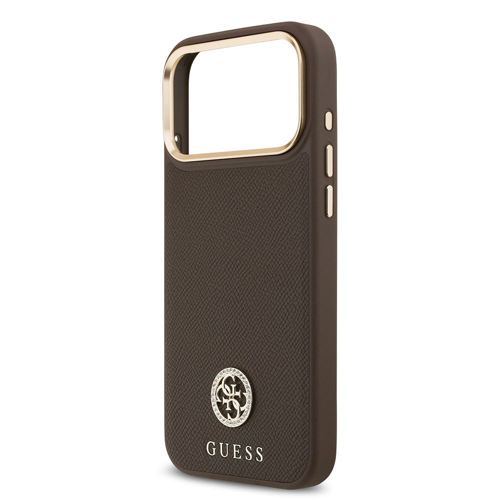 Apple iPhone 17 Pro Max Kılıf Guess Orjinal Lisanslı M-safe Şarj Özellikli Grained Yazı ve Taşlı 4G Logolu Kapak