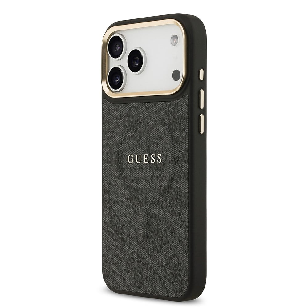 Apple iPhone 17 Pro Max Kılıf Guess Orjinal Lisanslı M-safe Şarj Özellikli Gold Metal Kamera Çerçeveli PU Deri 4G Desenli Yazı Logolu Kapak