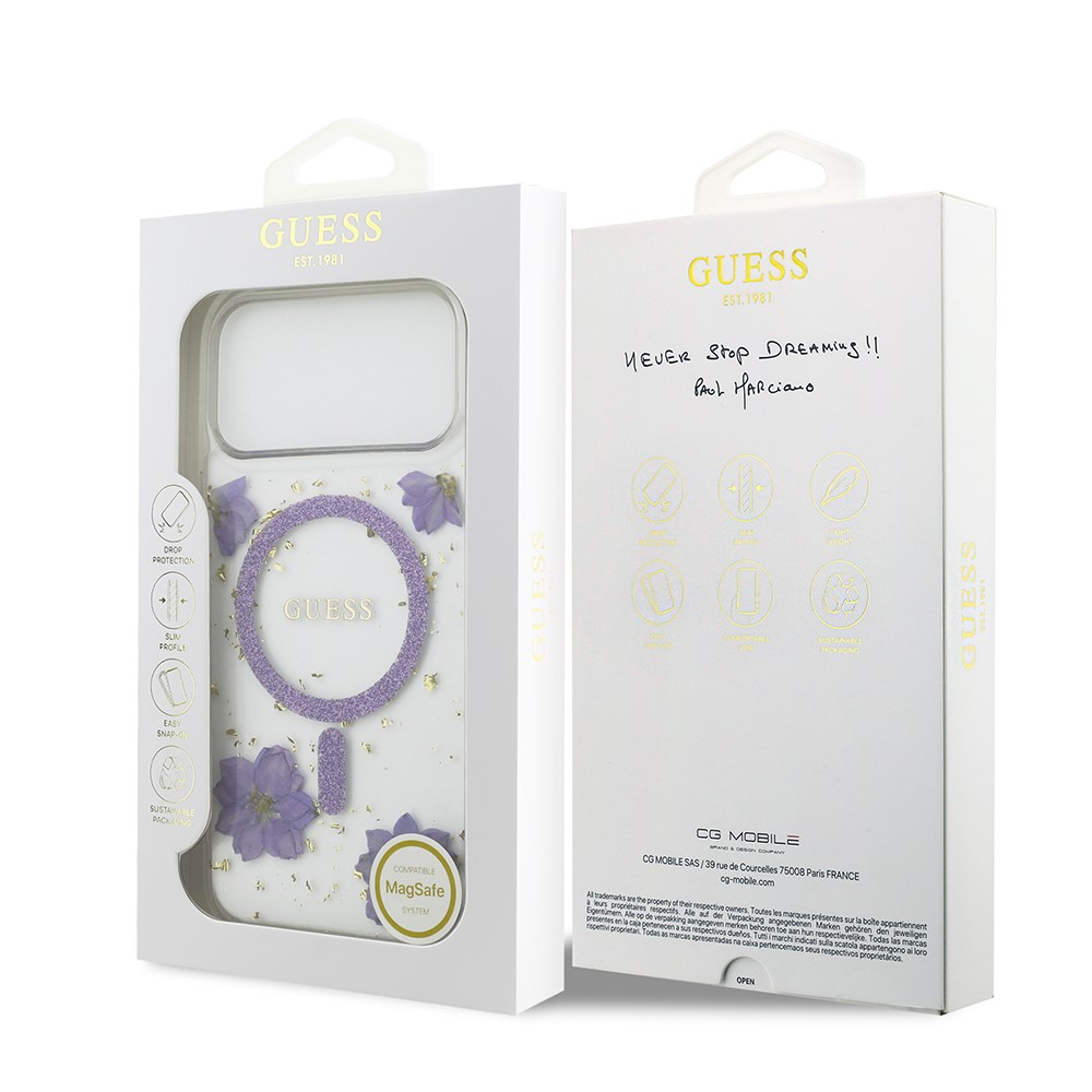 Apple iPhone 17 Pro Max Kılıf Guess Orjinal Lisanslı M-safe Şarj Özellikli Transparan Resin Flowers Kapak