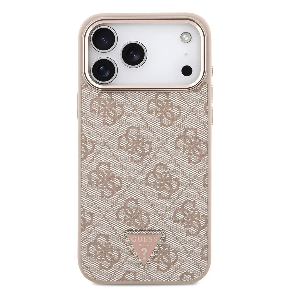 Apple iPhone 17 Pro Max Kılıf Guess Orjinal Lisanslı M-safe Şarj Özellikli Taşlı Üçgen Logo 4G Desenli Kapak