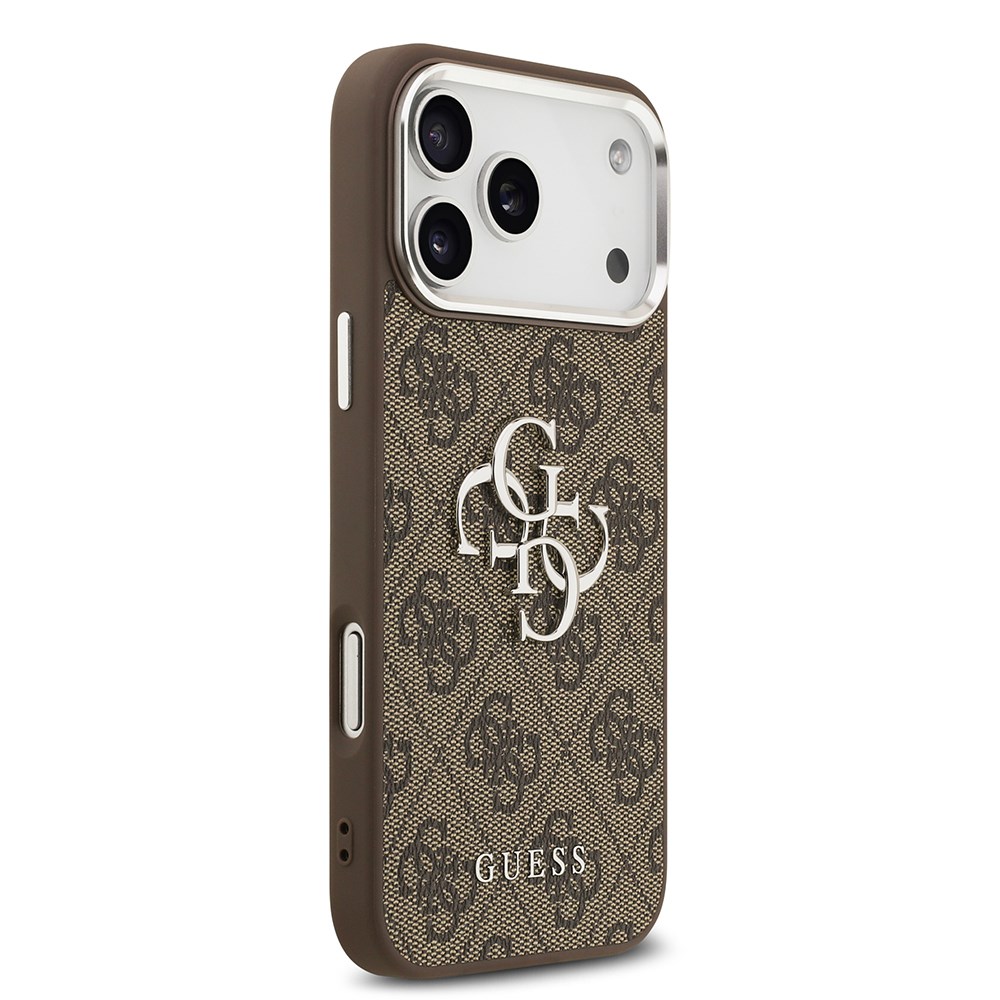 Apple iPhone 17 Pro Max Kılıf Guess Orjinal Lisanslı Gümüş Metal Kamera Çerçeveli 4G Desenli Metal Büyük 4G ve Yazı Logolu Kapak