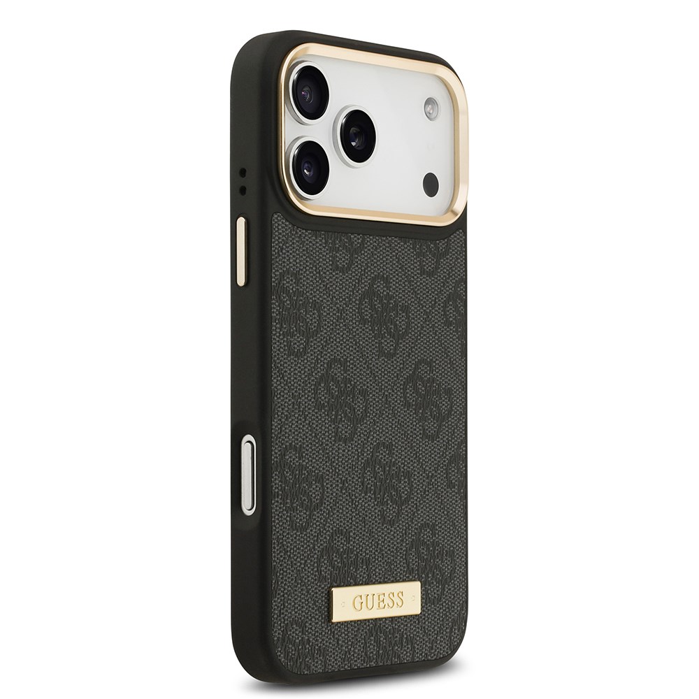 Apple iPhone 17 Pro Max Kılıf Guess Orjinal Lisanslı M-safe Şarj Özellikli 4G Desenli PU Metal Plaka Klasik Logolu Kapak