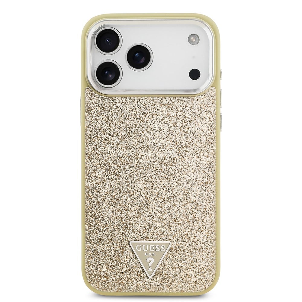 Apple iPhone 17 Pro Max Kılıf Guess Orjinal Lisanslı M-safe Şarj Özellikli Metal Kamera Çerçeveli Üçgen Logolu Glitter Kapak