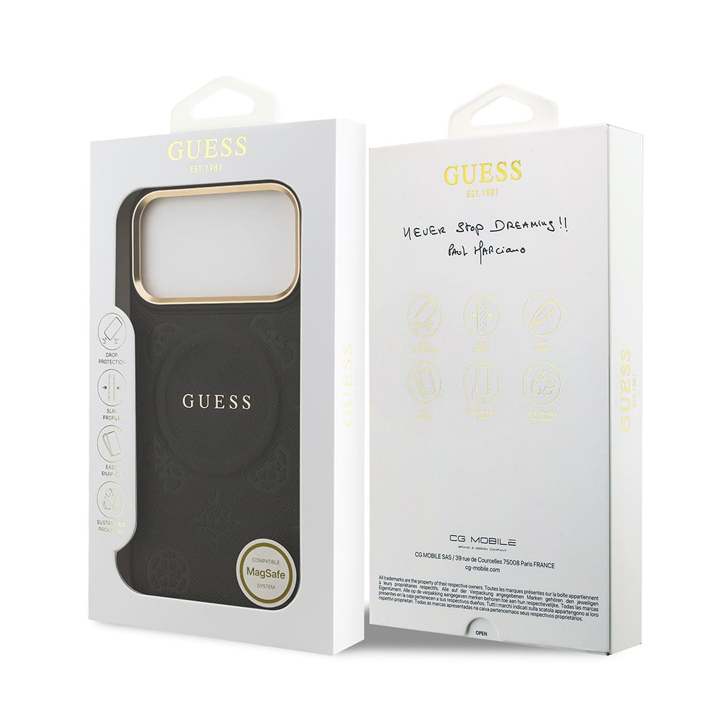 Apple iPhone 17 Pro Max Kılıf Guess Orjinal Lisanslı M-safe Şarj Özellikli Sıcak Baskılı Yazı Logolu PU Deri Peony Kapak