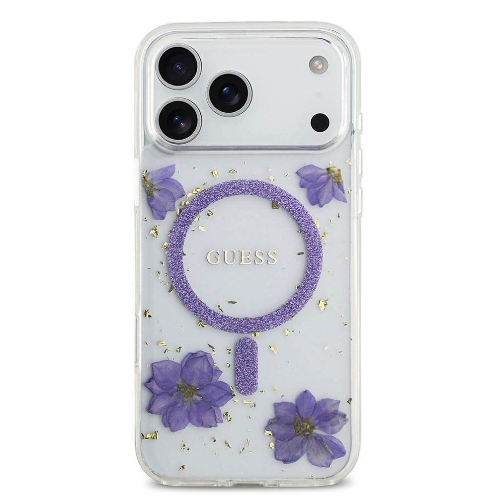 Apple iPhone 17 Pro Max Kılıf Guess Orjinal Lisanslı M-safe Şarj Özellikli Transparan Resin Flowers Kapak