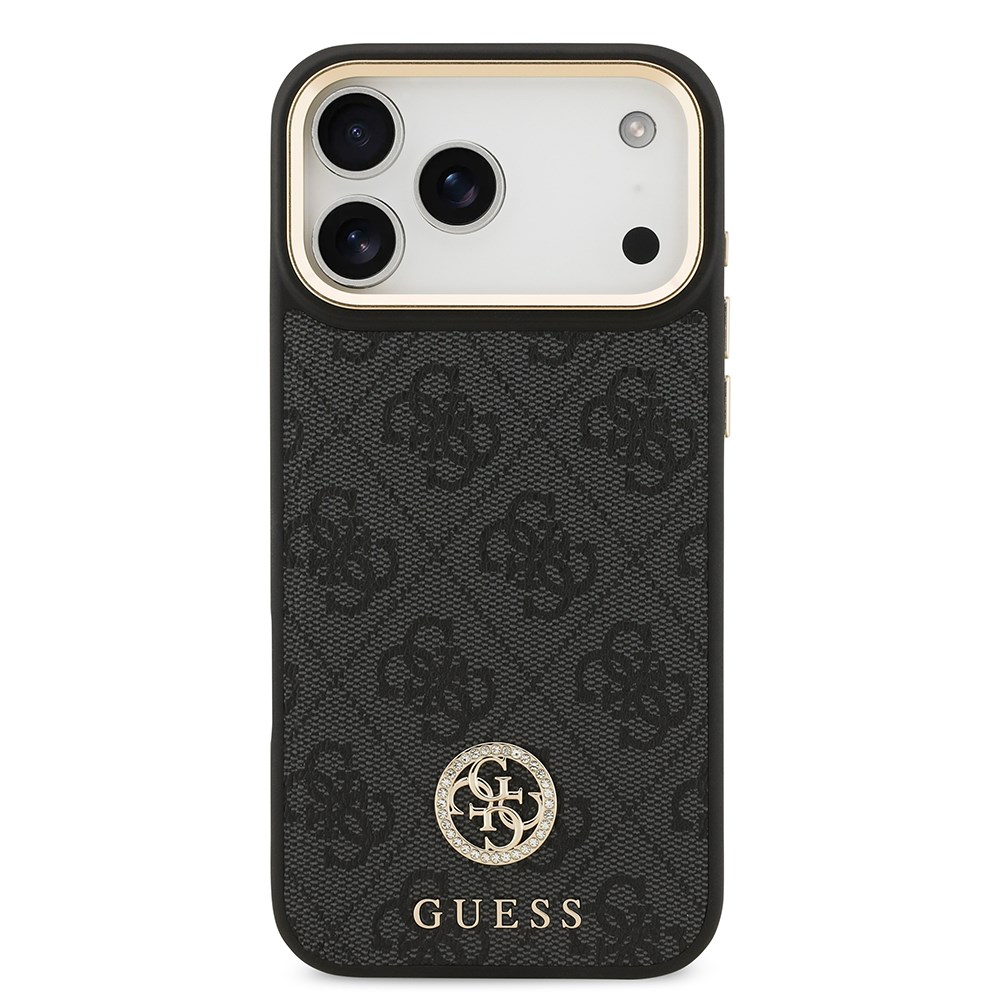 Apple iPhone 17 Pro Max Kılıf Guess Orjinal Lisanslı M-safe Şarj Özellikli Gold Metal Kamera Çerçeveli Taşlı 4G Logolu Kapak