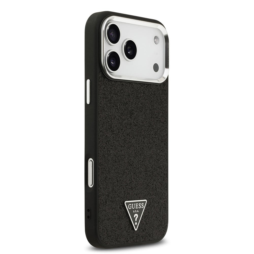 Apple iPhone 17 Pro Max Kılıf Guess Orjinal Lisanslı M-safe Şarj Özellikli Metal Kamera Çerçeveli Üçgen Logolu Glitter Kapak