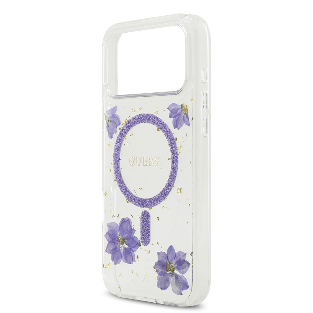 Apple iPhone 17 Pro Max Kılıf Guess Orjinal Lisanslı M-safe Şarj Özellikli Transparan Resin Flowers Kapak