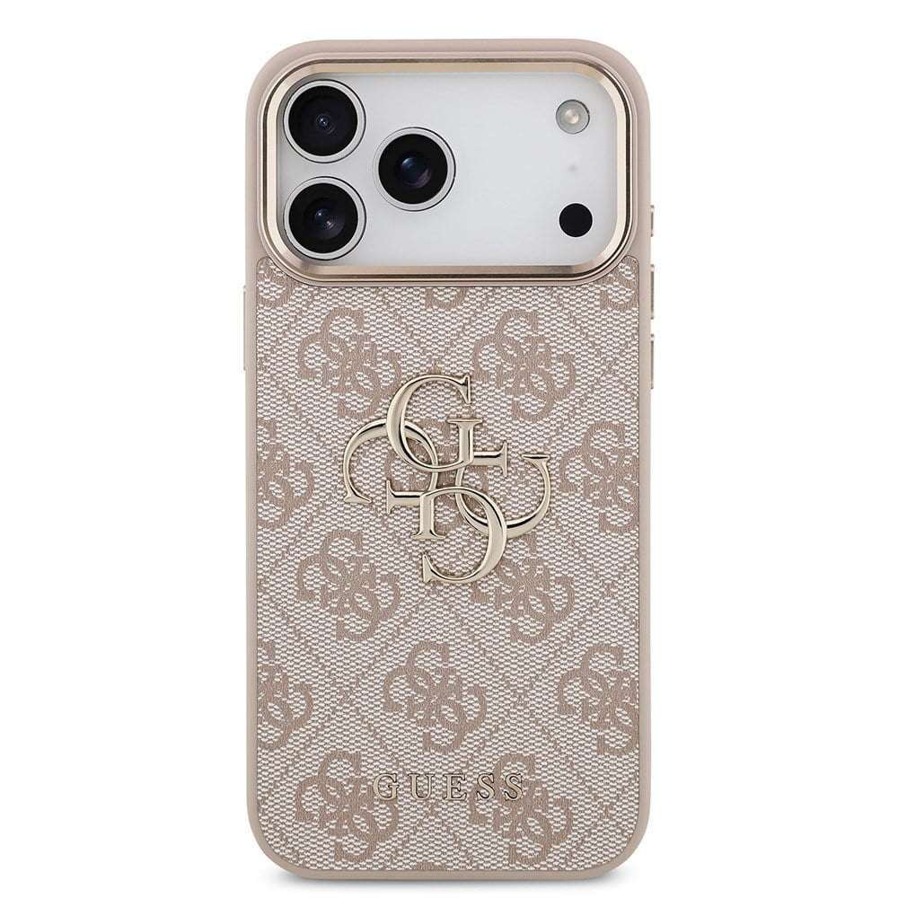 Apple iPhone 17 Pro Max Kılıf Guess Orjinal Lisanslı Gold Metal Kamera Çerçeveli 4G Desenli Metal Büyük 4G ve Yazı Logolu Kapak