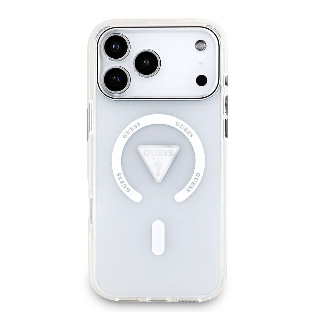 Apple iPhone 17 Pro Max Kılıf Guess Orjinal Lisanslı M-safe Şarj Özellikli IML Baskılı Üçgen Logolu Metal Kamera Çerçeveli Kapak