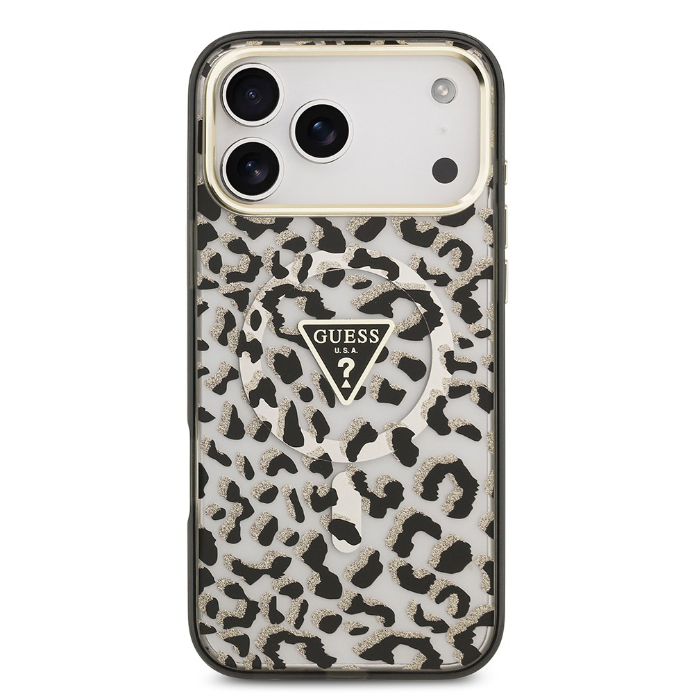 Apple iPhone 17 Pro Max Kılıf Guess Orjinal Lisanslı M-safe Şarj Özellikli Üçgen Logolu Simli Leopar Desenli Kapak