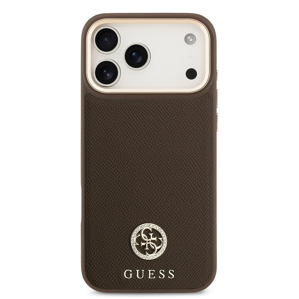 Apple iPhone 17 Pro Max Kılıf Guess Orjinal Lisanslı M-safe Şarj Özellikli Grained Yazı ve Taşlı 4G Logolu Kapak