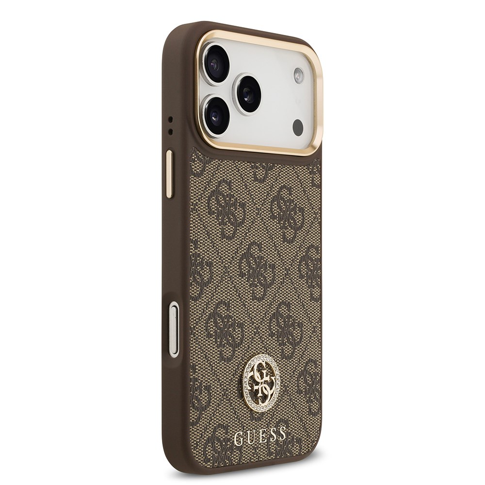 Apple iPhone 17 Pro Max Kılıf Guess Orjinal Lisanslı M-safe Şarj Özellikli Gold Metal Kamera Çerçeveli Taşlı 4G Logolu Kapak