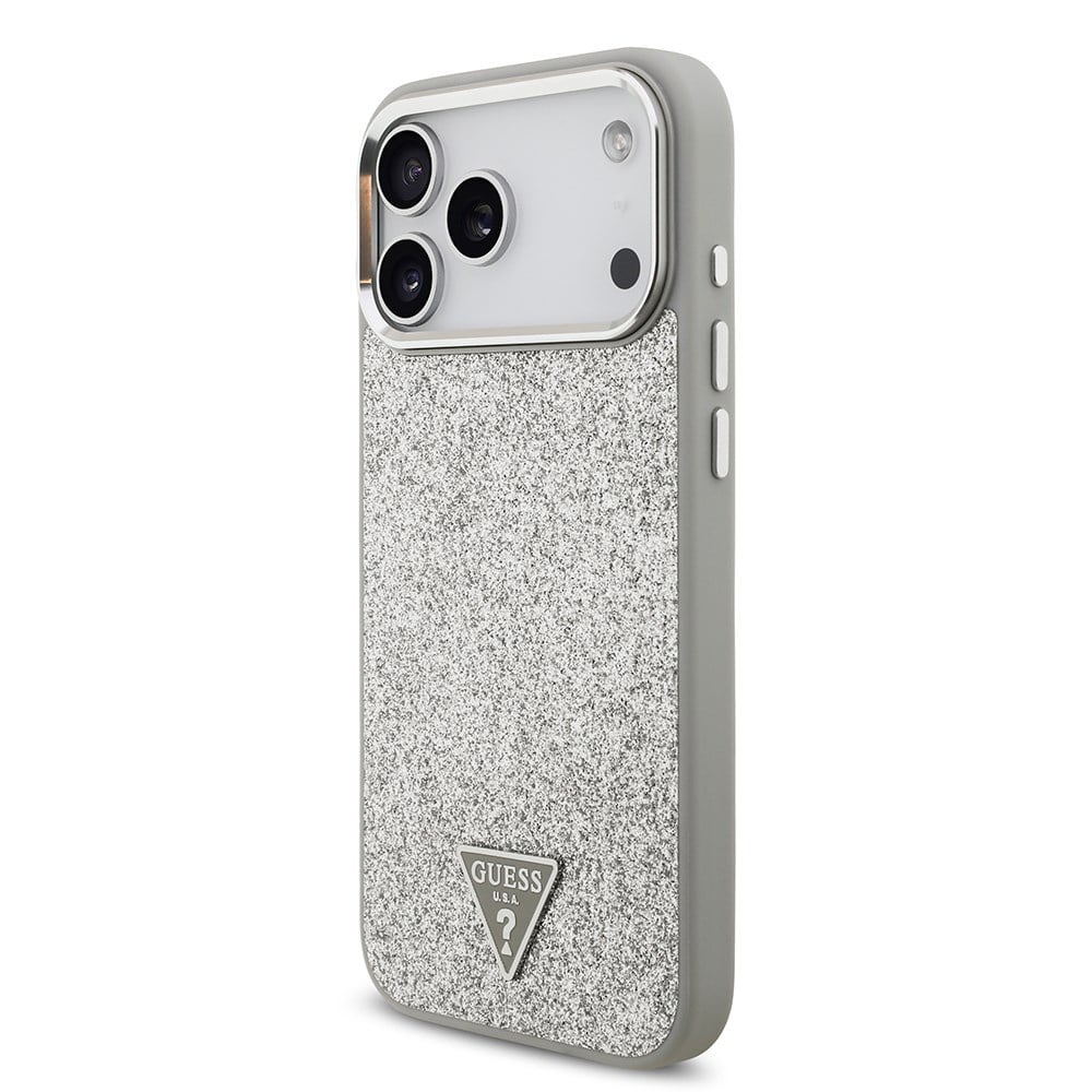Apple iPhone 17 Pro Max Kılıf Guess Orjinal Lisanslı M-safe Şarj Özellikli Metal Kamera Çerçeveli Üçgen Logolu Glitter Kapak