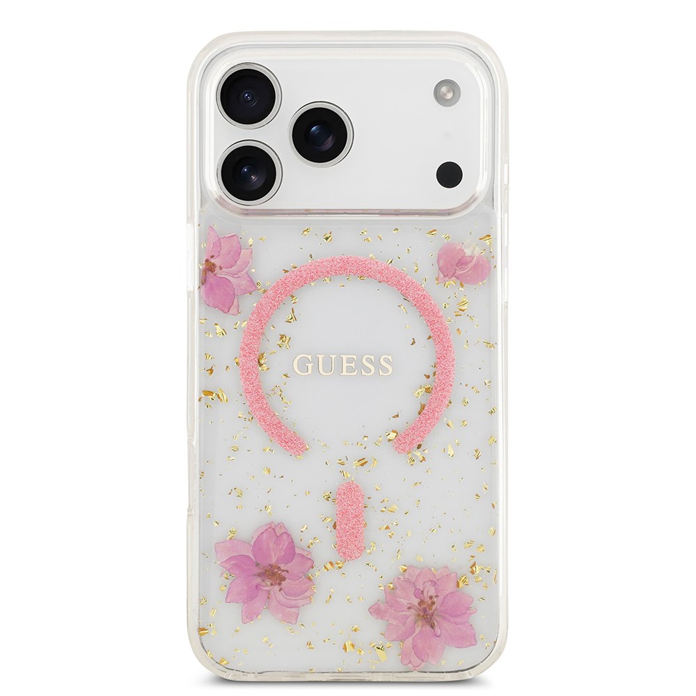 Apple iPhone 17 Pro Max Kılıf Guess Orjinal Lisanslı M-safe Şarj Özellikli Transparan Resin Flowers Kapak