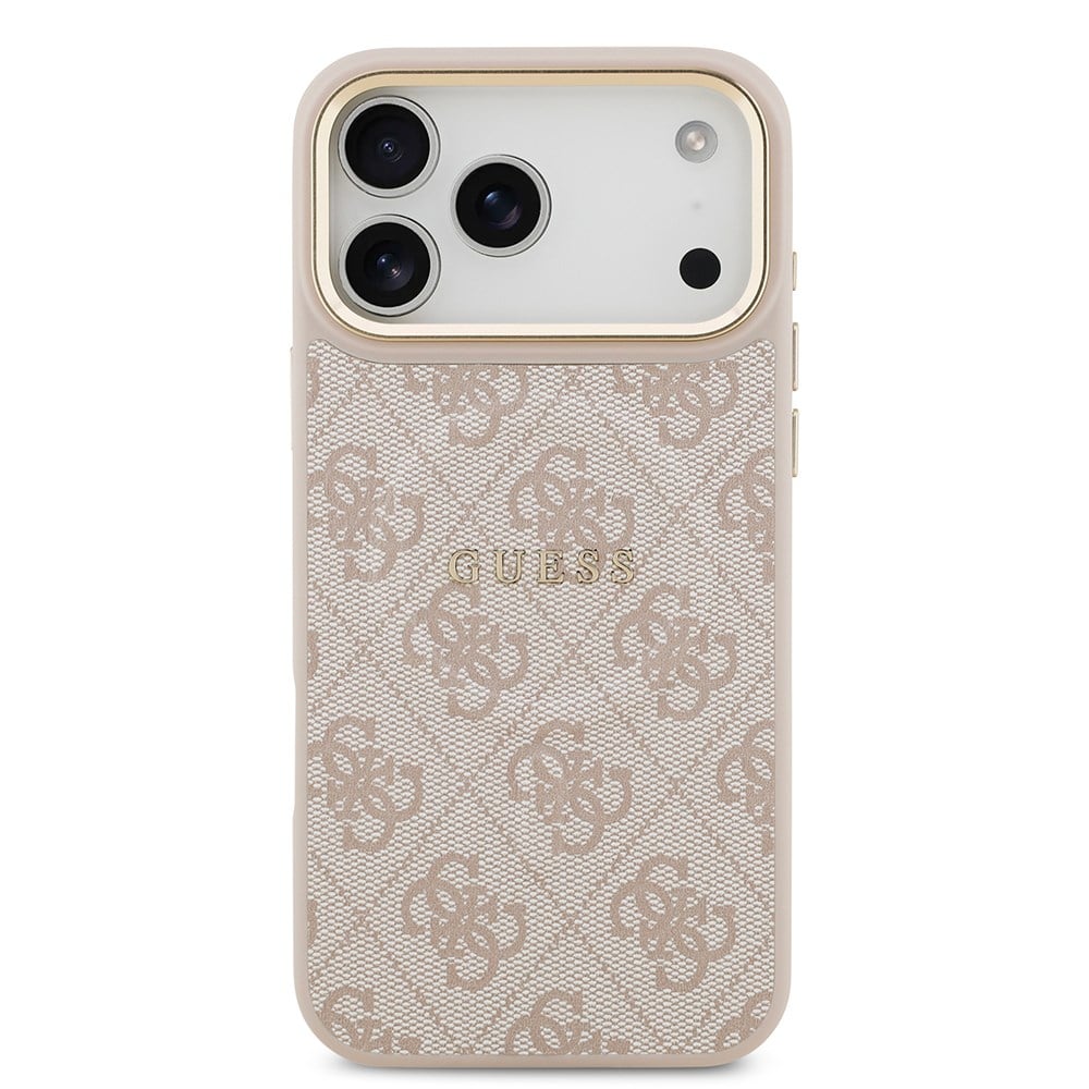 Apple iPhone 17 Pro Max Kılıf Guess Orjinal Lisanslı M-safe Şarj Özellikli Gold Metal Kamera Çerçeveli PU Deri 4G Desenli Yazı Logolu Kapak