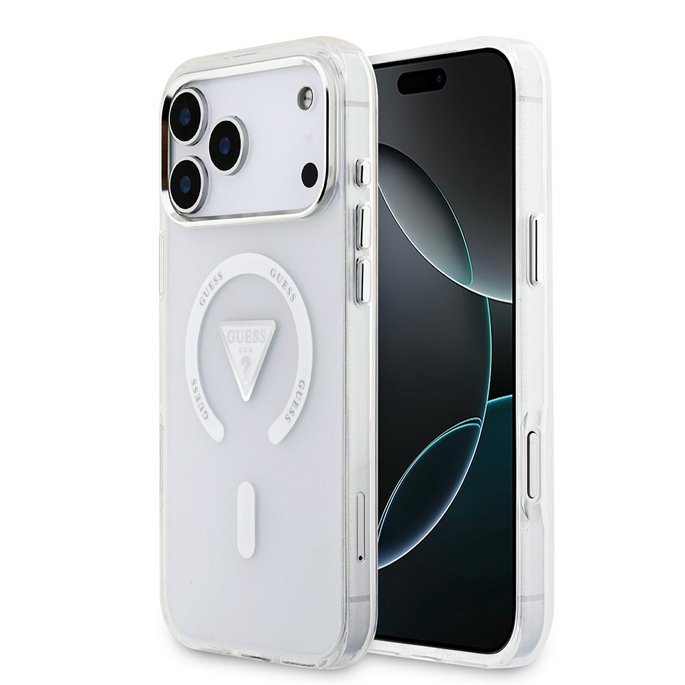 Apple iPhone 17 Pro Max Kılıf Guess Orjinal Lisanslı M-safe Şarj Özellikli IML Baskılı Üçgen Logolu Metal Kamera Çerçeveli Kapak