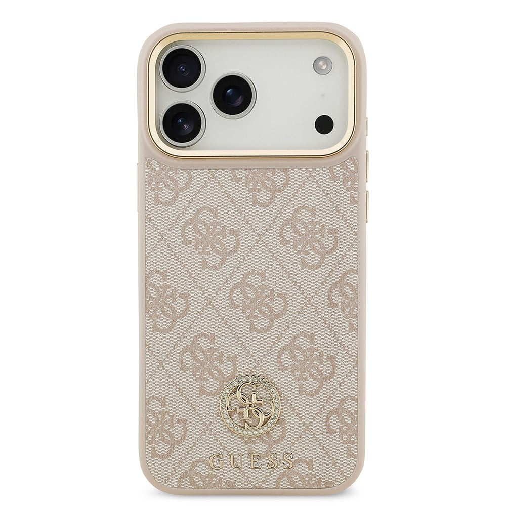 Apple iPhone 17 Pro Max Kılıf Guess Orjinal Lisanslı M-safe Şarj Özellikli Gold Metal Kamera Çerçeveli Taşlı 4G Logolu Kapak