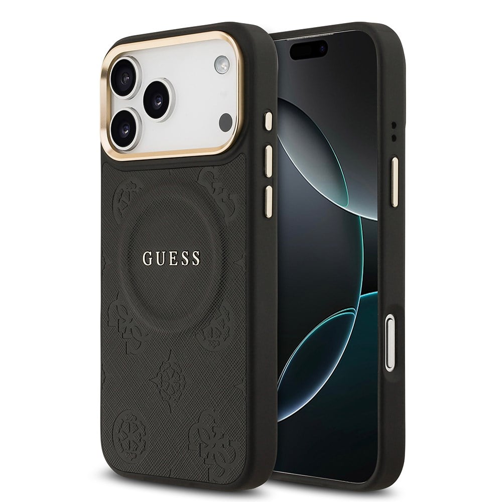 Apple iPhone 17 Pro Max Kılıf Guess Orjinal Lisanslı M-safe Şarj Özellikli Sıcak Baskılı Yazı Logolu PU Deri Peony Kapak