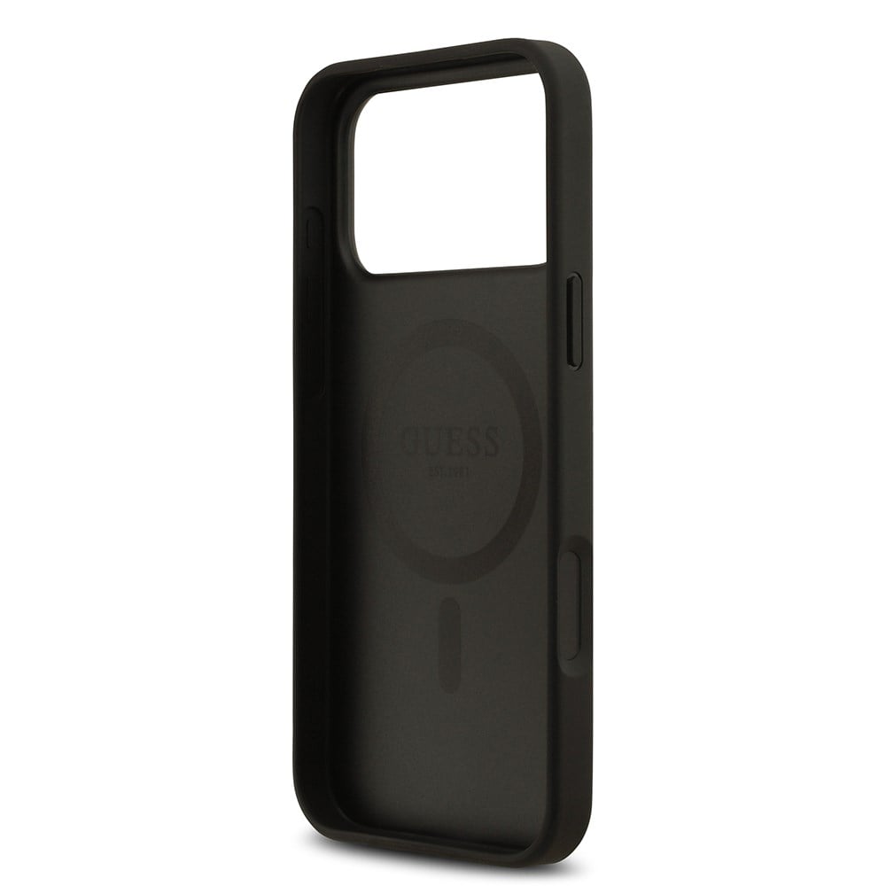 Apple iPhone 17 Pro Max Kılıf Guess Orjinal Lisanslı M-safe Şarj Özellikli Taneli Çiçek Tasarımlı Metal Yazı Logolu Kapak