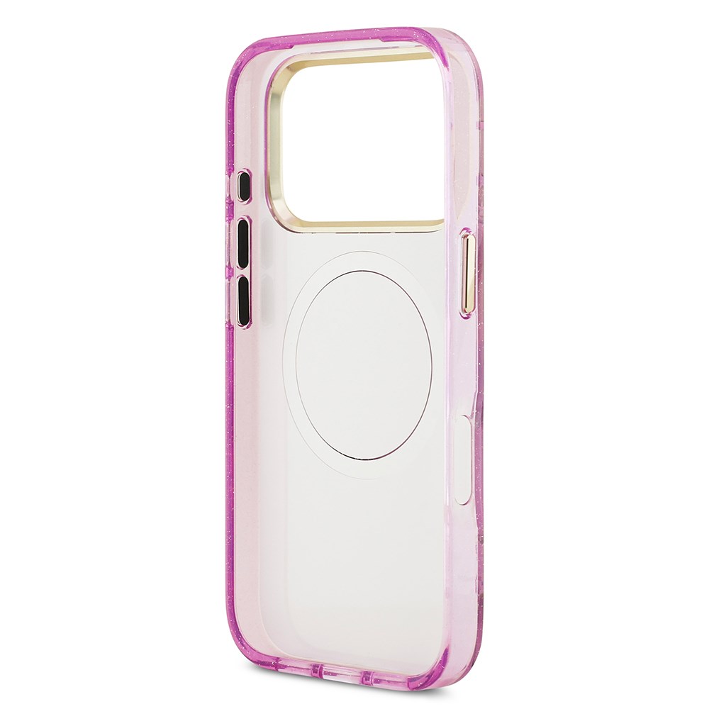 Apple iPhone 17 Pro Max Kılıf Guess Orjinal Lisanslı M-safe Şarj Özellikli Simli Çiçek Desenli Metal Kamera Çerçeveli Üçgen Logolu Kapak