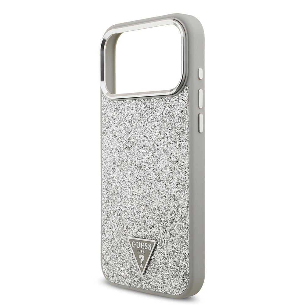 Apple iPhone 17 Pro Max Kılıf Guess Orjinal Lisanslı M-safe Şarj Özellikli Metal Kamera Çerçeveli Üçgen Logolu Glitter Kapak