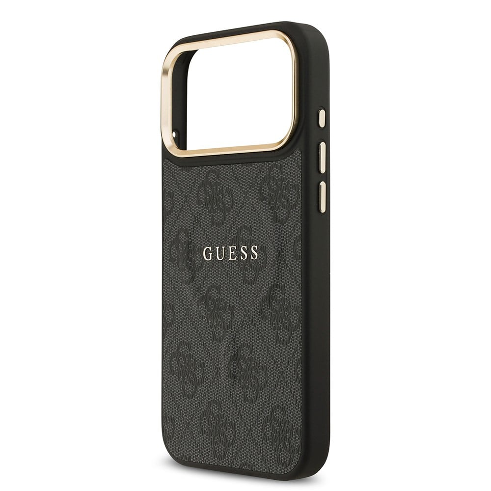 Apple iPhone 17 Pro Max Kılıf Guess Orjinal Lisanslı M-safe Şarj Özellikli Gold Metal Kamera Çerçeveli PU Deri 4G Desenli Yazı Logolu Kapak