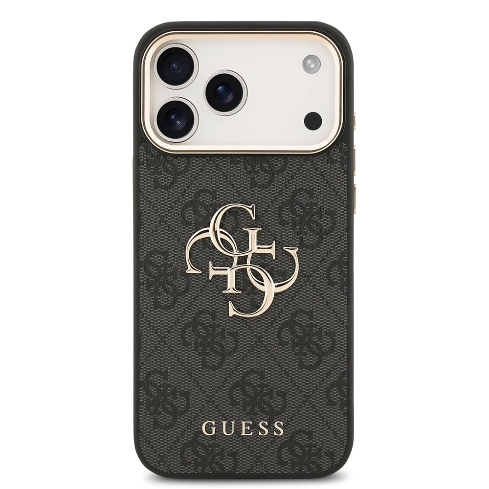 Apple iPhone 17 Pro Max Kılıf Guess Orjinal Lisanslı Gold Metal Kamera Çerçeveli 4G Desenli Metal Büyük 4G ve Yazı Logolu Kapak