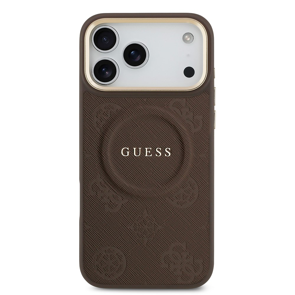 Apple iPhone 17 Pro Max Kılıf Guess Orjinal Lisanslı M-safe Şarj Özellikli Sıcak Baskılı Yazı Logolu PU Deri Peony Kapak
