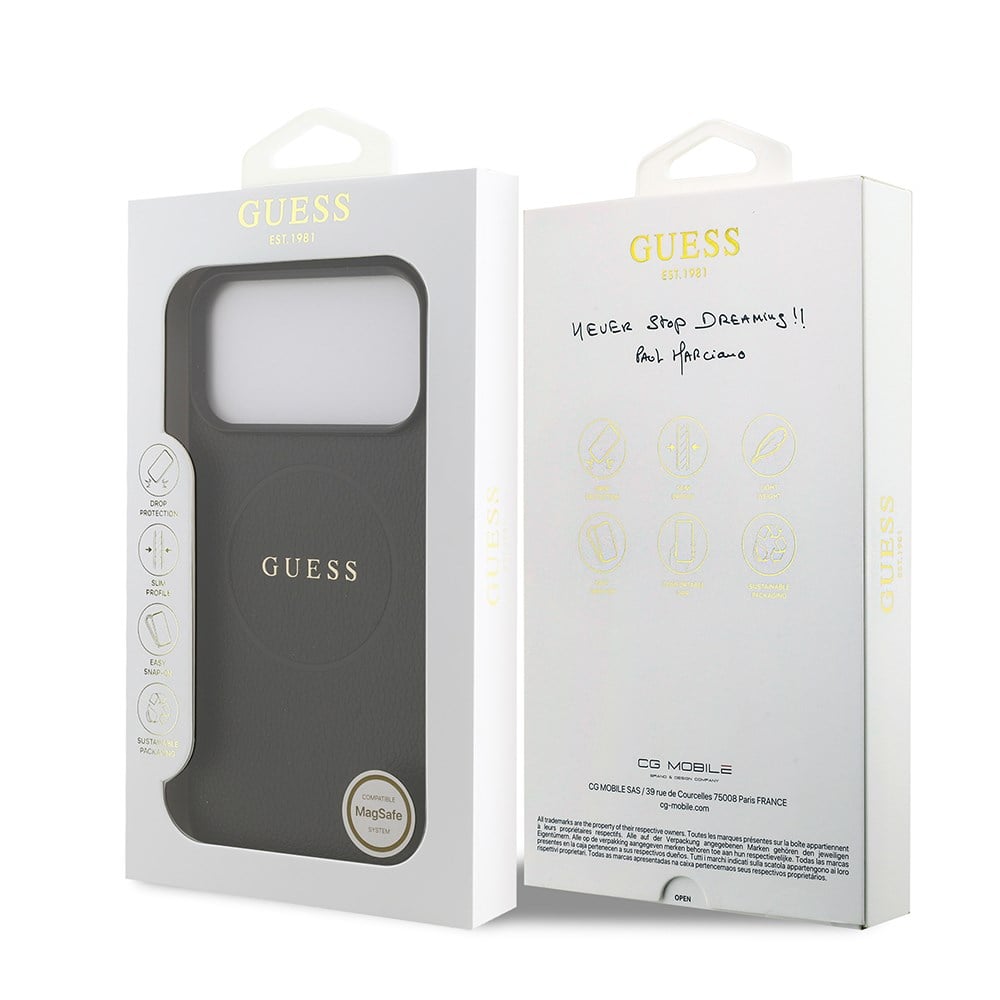 Apple iPhone 17 Pro Max Kılıf Guess Orjinal Lisanslı M-safe Şarj Özellikli Yazı Logolu PU Deri Kapak