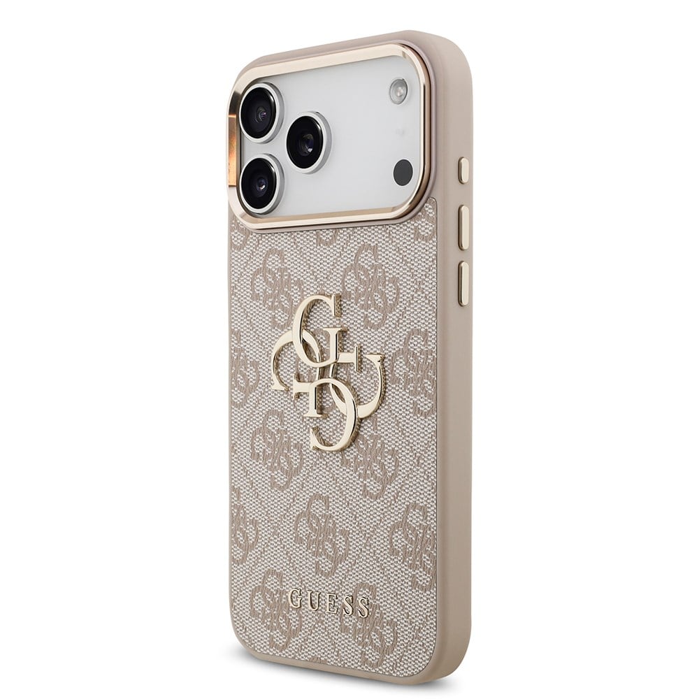Apple iPhone 17 Pro Max Kılıf Guess Orjinal Lisanslı Gold Metal Kamera Çerçeveli 4G Desenli Metal Büyük 4G ve Yazı Logolu Kapak