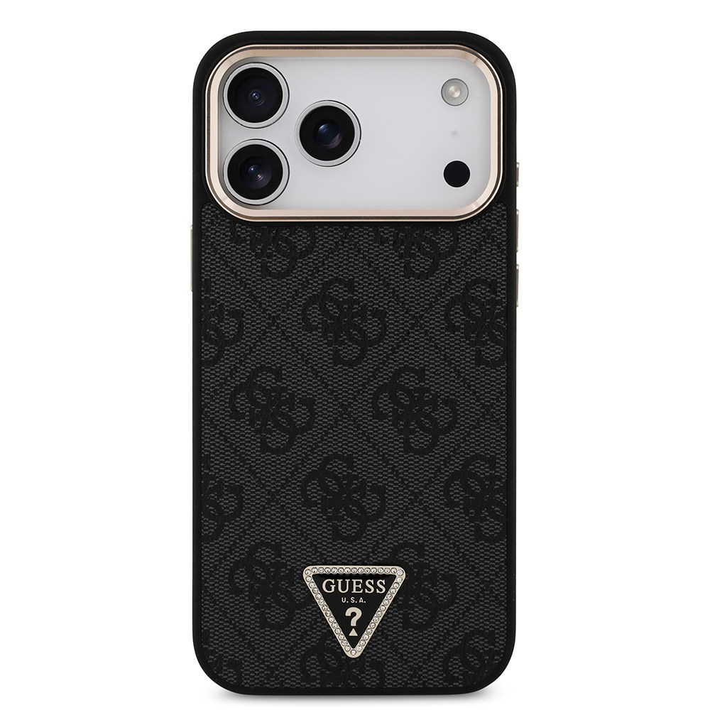 Apple iPhone 17 Pro Max Kılıf Guess Orjinal Lisanslı M-safe Şarj Özellikli Taşlı Üçgen Logo 4G Desenli Kapak