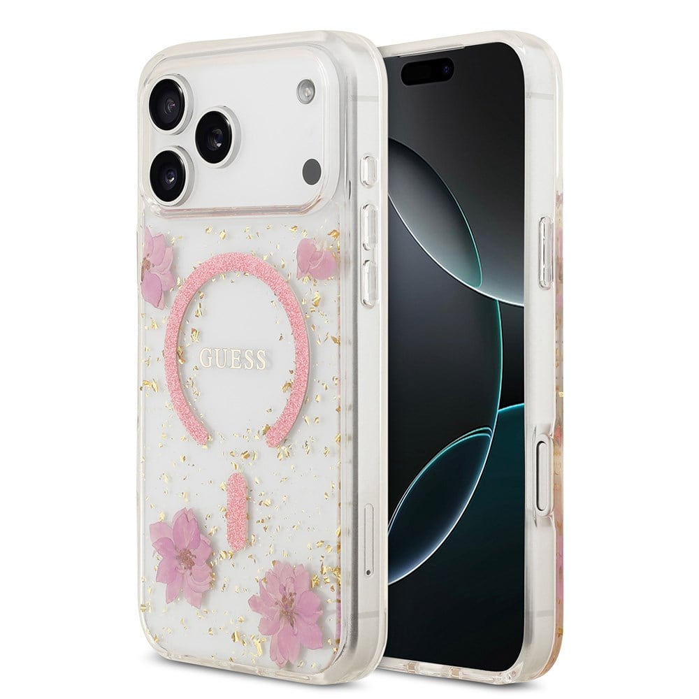 Apple iPhone 17 Pro Max Kılıf Guess Orjinal Lisanslı M-safe Şarj Özellikli Transparan Resin Flowers Kapak