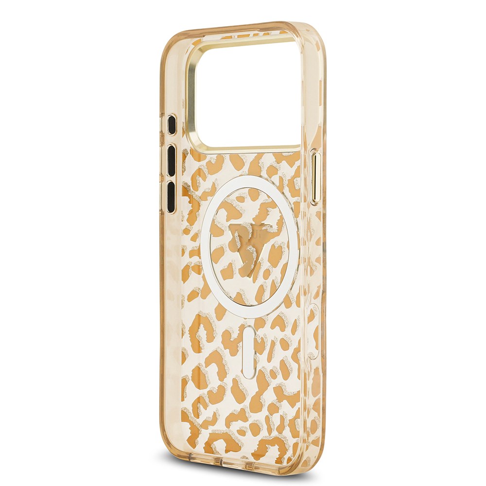 Apple iPhone 17 Pro Max Kılıf Guess Orjinal Lisanslı M-safe Şarj Özellikli Üçgen Logolu Simli Leopar Desenli Kapak