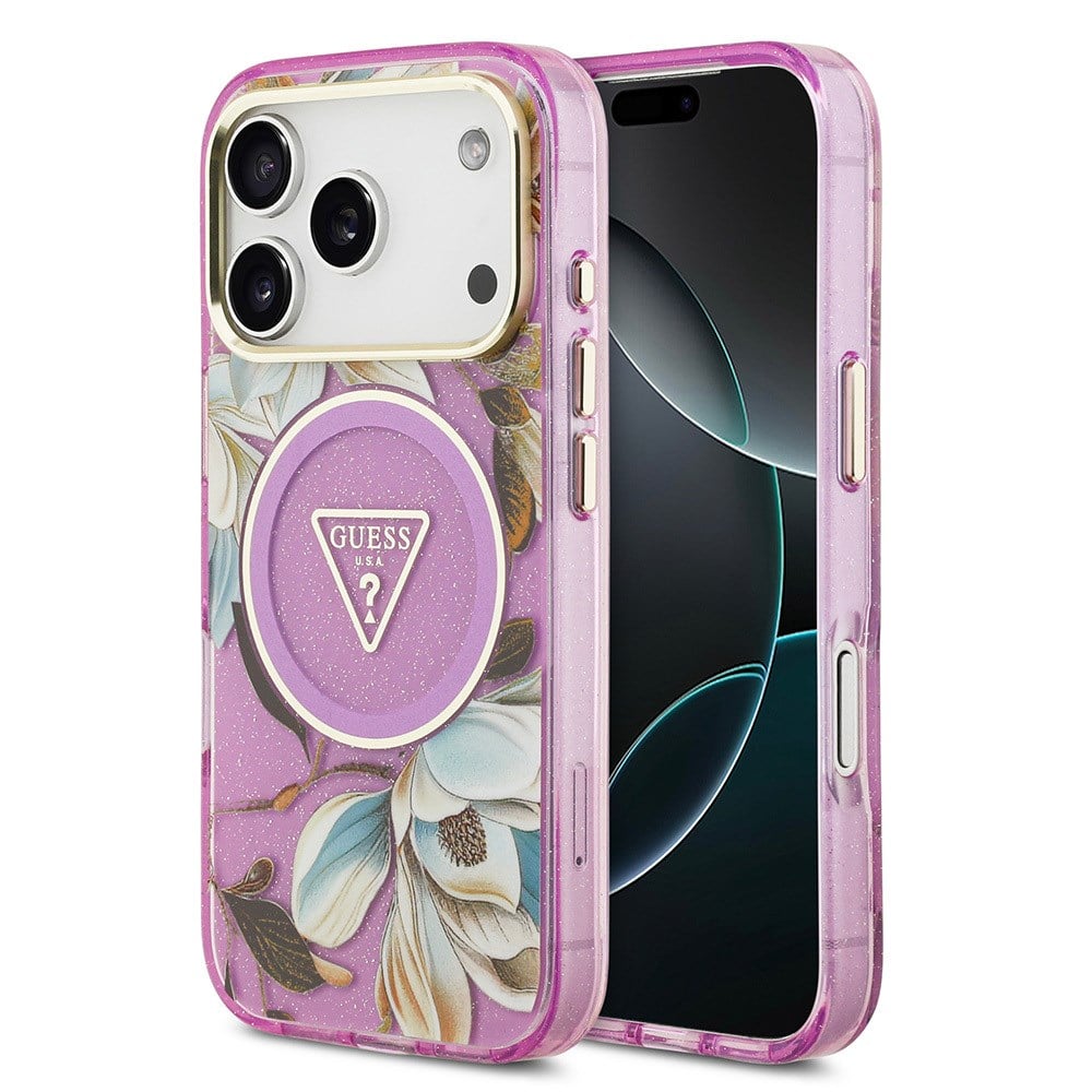 Apple iPhone 17 Pro Max Kılıf Guess Orjinal Lisanslı M-safe Şarj Özellikli Simli Çiçek Desenli Metal Kamera Çerçeveli Üçgen Logolu Kapak
