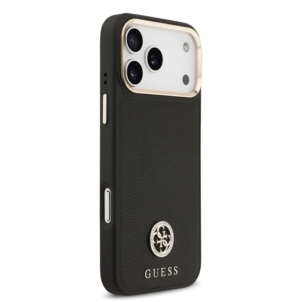 Apple iPhone 17 Pro Max Kılıf Guess Orjinal Lisanslı M-safe Şarj Özellikli Grained Yazı ve Taşlı 4G Logolu Kapak