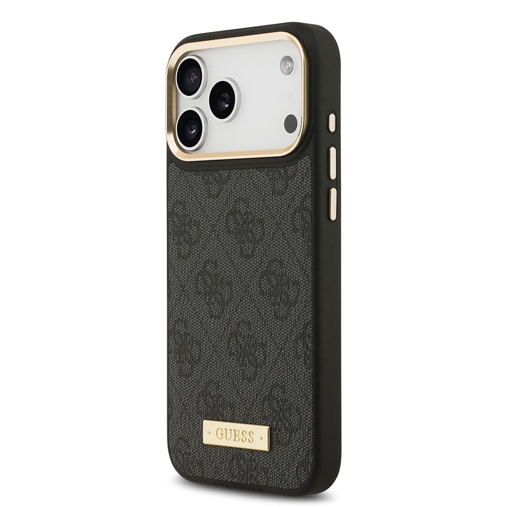 Apple iPhone 17 Pro Max Kılıf Guess Orjinal Lisanslı M-safe Şarj Özellikli 4G Desenli PU Metal Plaka Klasik Logolu Kapak