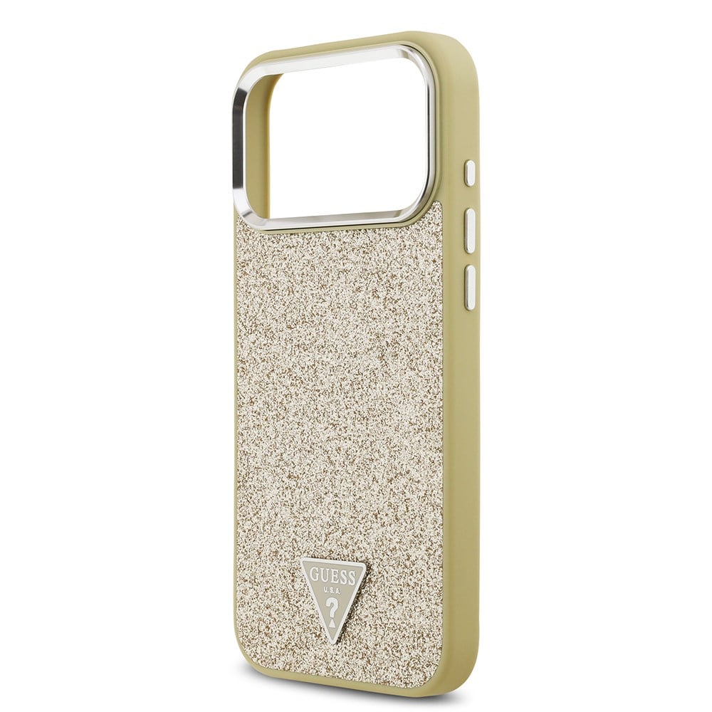 Apple iPhone 17 Pro Max Kılıf Guess Orjinal Lisanslı M-safe Şarj Özellikli Metal Kamera Çerçeveli Üçgen Logolu Glitter Kapak