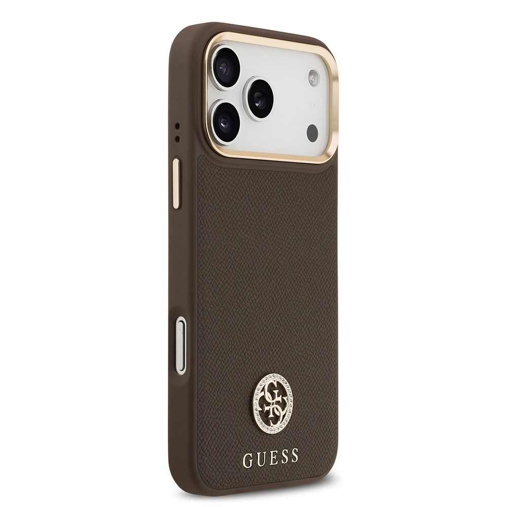 Apple iPhone 17 Pro Max Kılıf Guess Orjinal Lisanslı M-safe Şarj Özellikli Grained Yazı ve Taşlı 4G Logolu Kapak