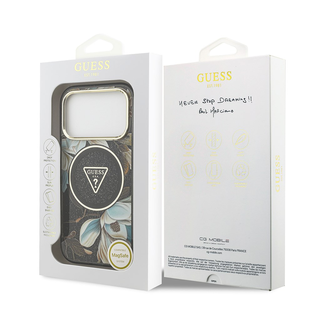 Apple iPhone 17 Pro Max Kılıf Guess Orjinal Lisanslı M-safe Şarj Özellikli Simli Çiçek Desenli Metal Kamera Çerçeveli Üçgen Logolu Kapak