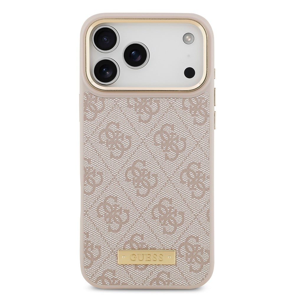 Apple iPhone 17 Pro Max Kılıf Guess Orjinal Lisanslı M-safe Şarj Özellikli 4G Desenli PU Metal Plaka Klasik Logolu Kapak