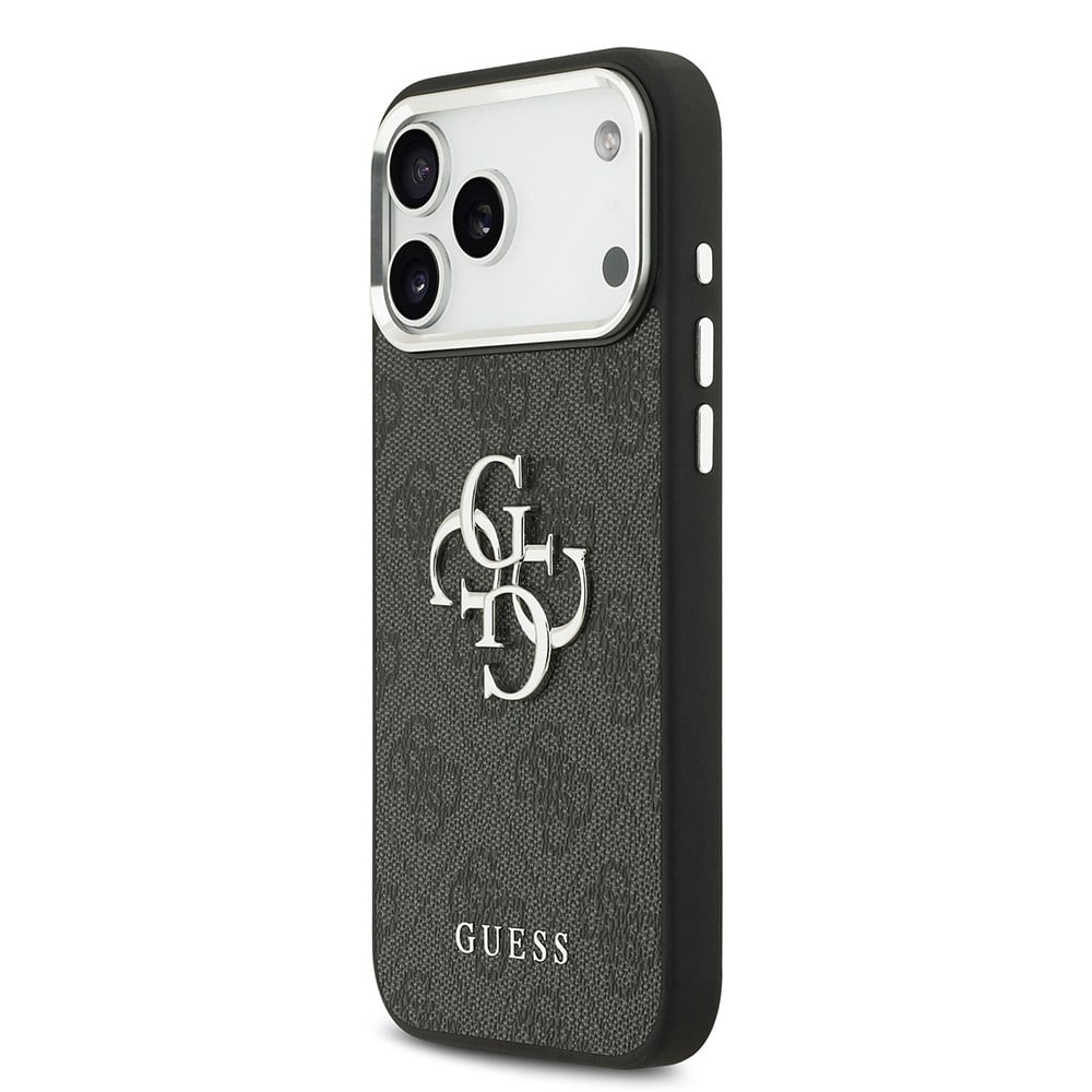 Apple iPhone 17 Pro Max Kılıf Guess Orjinal Lisanslı Gümüş Metal Kamera Çerçeveli 4G Desenli Metal Büyük 4G ve Yazı Logolu Kapak