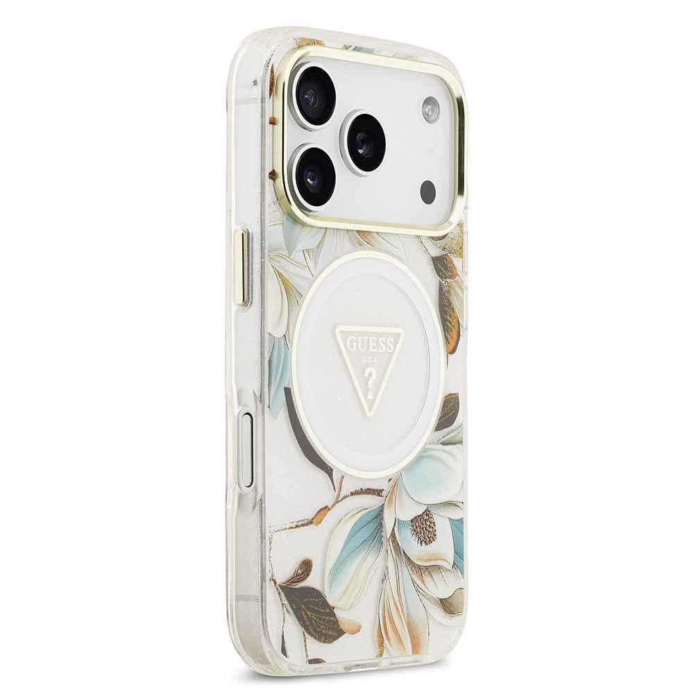 Apple iPhone 17 Pro Max Kılıf Guess Orjinal Lisanslı M-safe Şarj Özellikli Simli Çiçek Desenli Metal Kamera Çerçeveli Üçgen Logolu Kapak