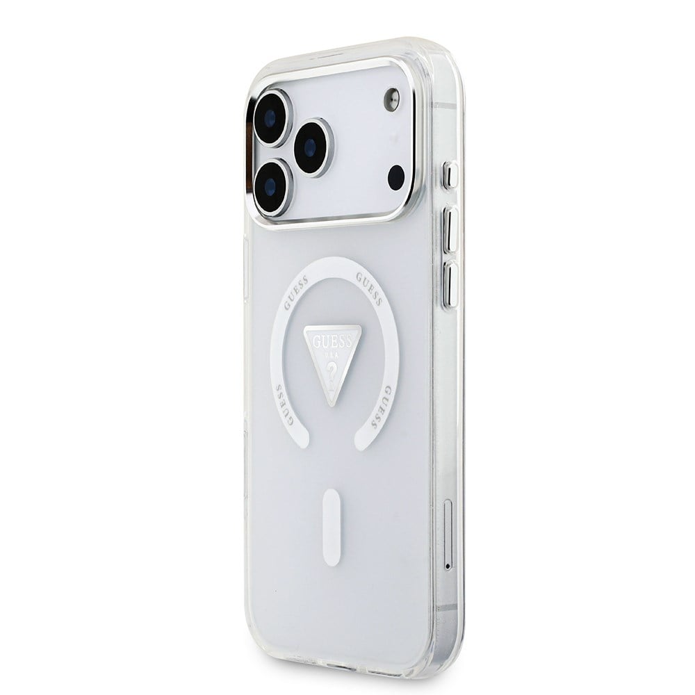 Apple iPhone 17 Pro Max Kılıf Guess Orjinal Lisanslı M-safe Şarj Özellikli IML Baskılı Üçgen Logolu Metal Kamera Çerçeveli Kapak