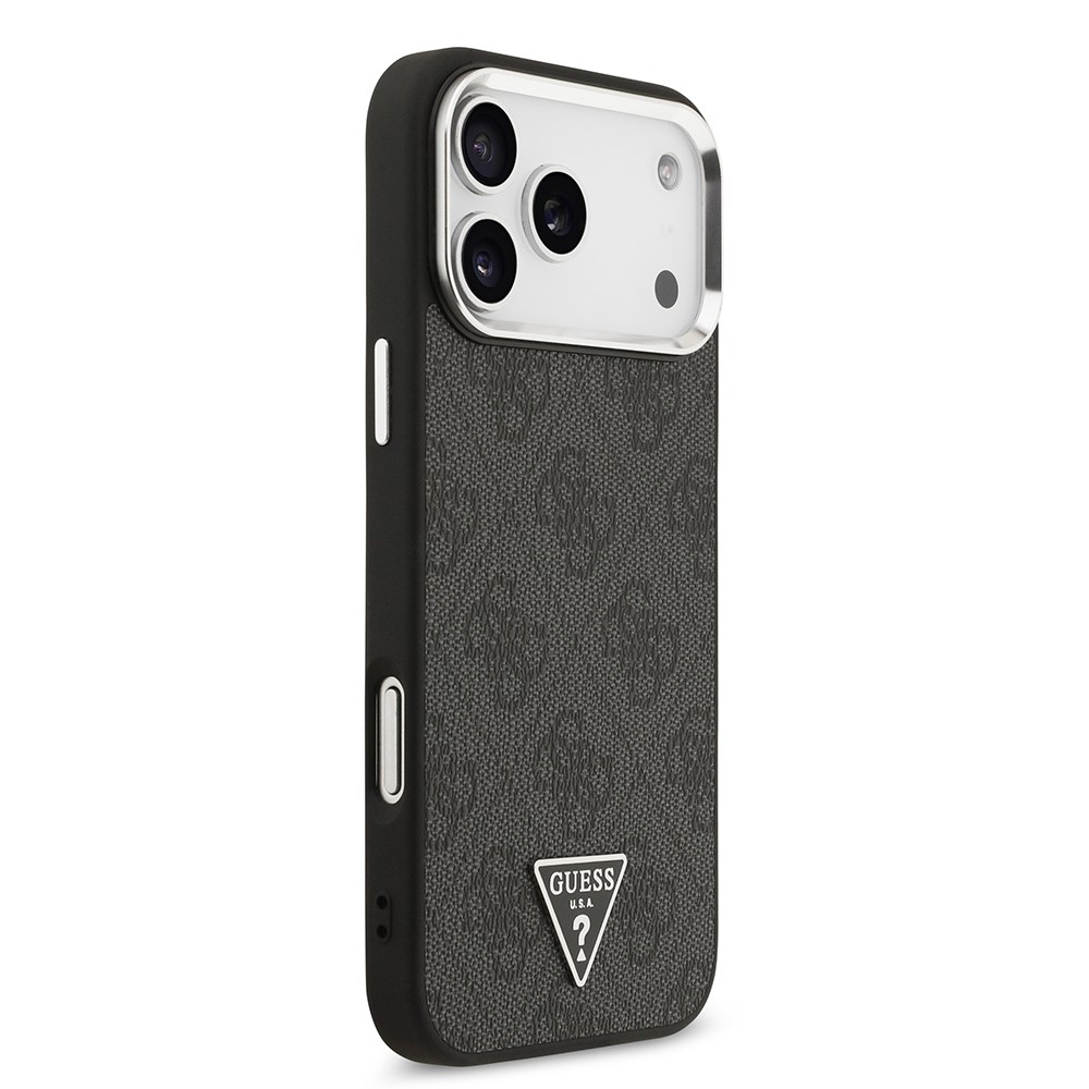 Apple iPhone 17 Pro Max Kılıf Guess Orjinal Lisanslı M-safe Şarj Özellikli Gümüş Metal Kamera Çerçeveli Üçgen Logo 4G Desenli Kapak
